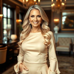 A beautiful and confident mature woman with long blonde hair, dressed in elegant attire that enhances her curves, standing proudly in a luxurious environment
