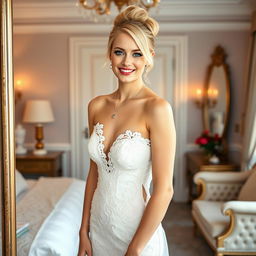 A full-length photograph of a slim but soft curvy 19-year-old girl with blond hair styled in a chic updo