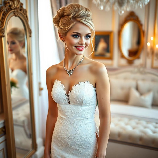 A full-length photograph of a slim but soft curvy 19-year-old girl with blond hair styled in a chic updo