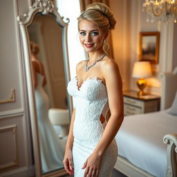 A full-length photograph of a slim but soft curvy 19-year-old girl with blond hair styled in a chic updo