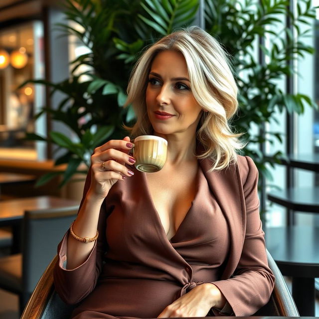 A mature, attractive blonde woman with large breasts, wearing an elegant and stylish outfit, sitting in a sophisticated urban café setting