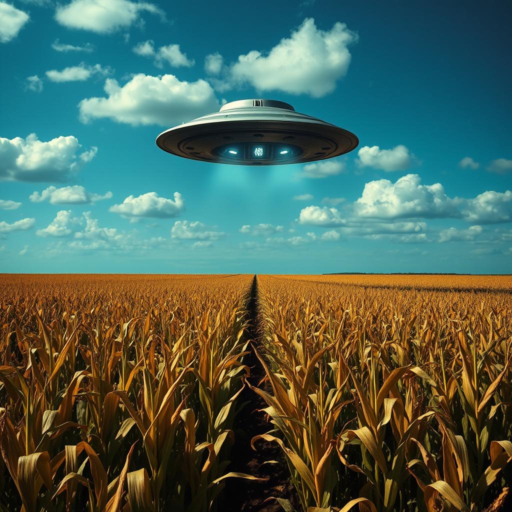 A dramatic scene showcasing a UFO hovering silently above a vast cornfield