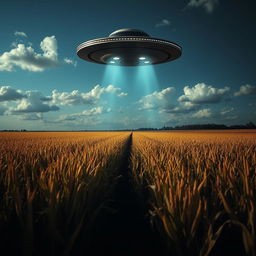 A dramatic scene showcasing a UFO hovering silently above a vast cornfield
