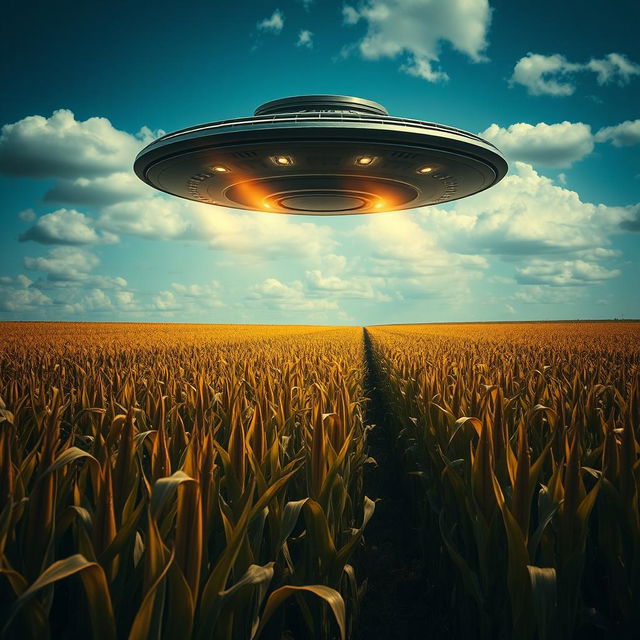 A dramatic scene showcasing a UFO hovering silently above a vast cornfield