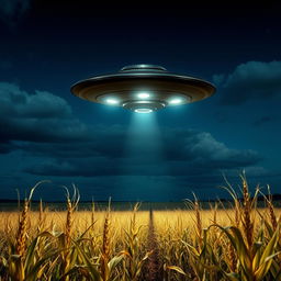 A dramatic scene showcasing a UFO hovering silently above a vast cornfield