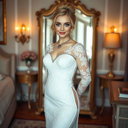 A full-length photograph of a thin-faced, soft curvy 19-year-old girl with blond hair styled in an elegant updo
