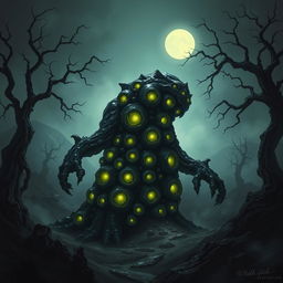 A dark fantasy illustration of a shoggoth inspired by Lovecraft, depicted as a physical monster with a grotesque and amorphous form, covered in glistening black goo