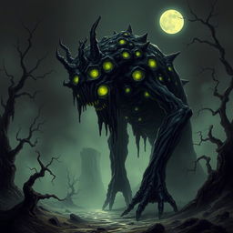 A dark fantasy illustration of a shoggoth inspired by Lovecraft, depicted as a physical monster with a grotesque and amorphous form, covered in glistening black goo