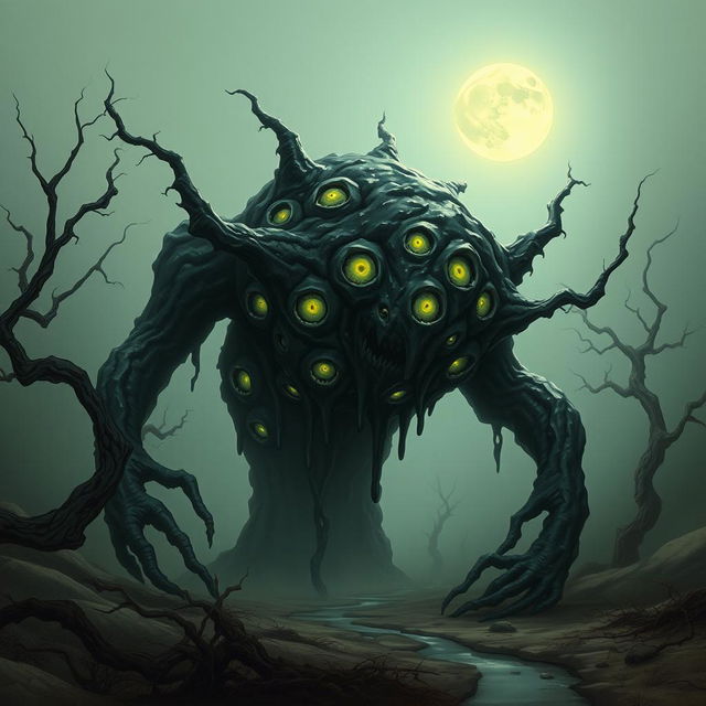 A dark fantasy illustration of a shoggoth inspired by Lovecraft, depicted as a physical monster with a grotesque and amorphous form, covered in glistening black goo