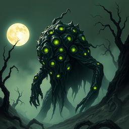 A dark fantasy illustration of a shoggoth inspired by Lovecraft, depicted as a physical monster with a grotesque and amorphous form, covered in glistening black goo