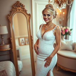 A full-length photograph of a soft curvy 19-year-old girl with blond hair styled in an elegant updo