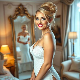 A full-length photograph of a soft curvy 19-year-old girl with blond hair styled in an elegant updo