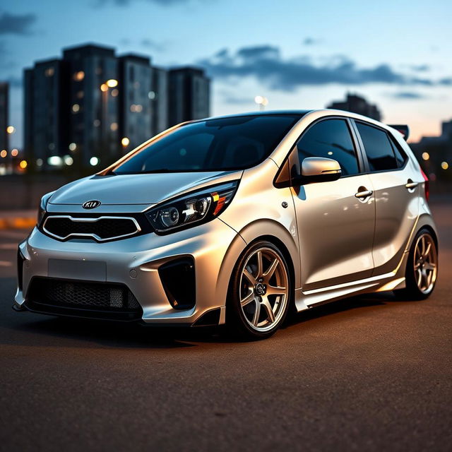 A modified Kia Picanto in a sleek silver color, showcasing its sporty and stylish upgrades