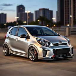 A modified Kia Picanto in a sleek silver color, showcasing its sporty and stylish upgrades