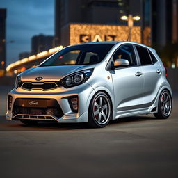 A modified Kia Picanto in a sleek silver color, showcasing its sporty and stylish upgrades