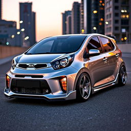 A modified Kia Picanto in a sleek silver color, showcasing its sporty and stylish upgrades