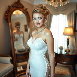 A full-length photograph of a soft curvy 19-year-old girl with blond hair styled in an elegant updo