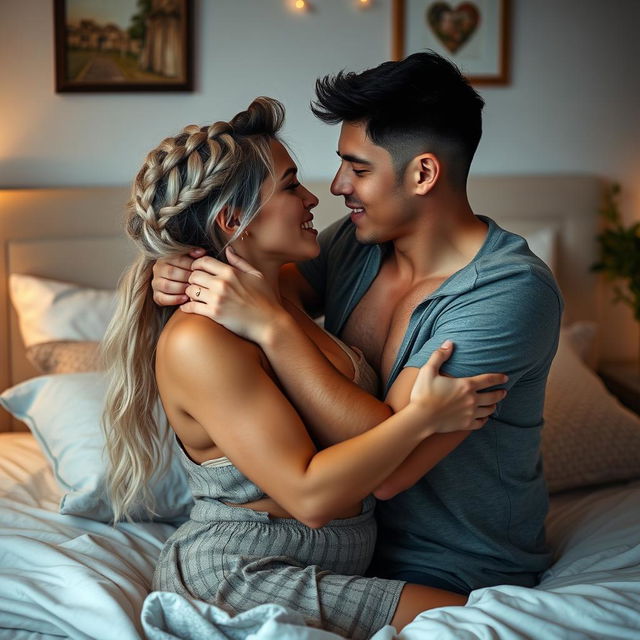 A passionate scene of a man in his early twenties, clean shaven with short black hair, and a woman in her early twenties with long white hair styled in a single braid, locked in an embrace on their bed