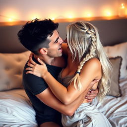 A passionate scene of a man in his early twenties, clean shaven with short black hair, and a woman in her early twenties with long white hair styled in a single braid, locked in an embrace on their bed