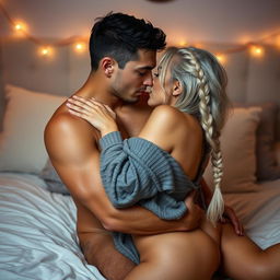 A passionate scene of a man in his early twenties, clean shaven with short black hair, and a woman in her early twenties with long white hair styled in a single braid, locked in an embrace on their bed