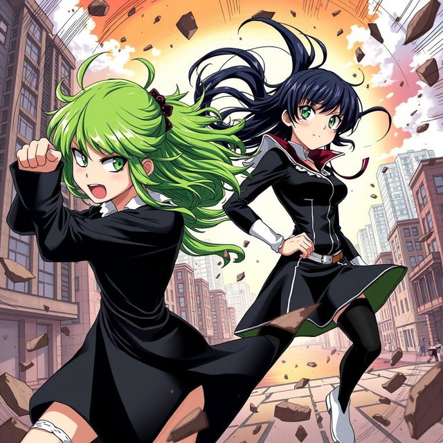 A dynamic illustration featuring Tatsumaki and Fubuki from the popular anime series 'One Punch Man'