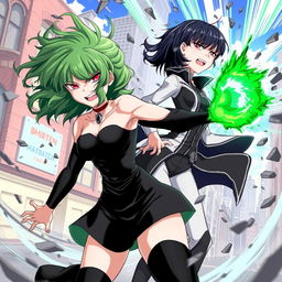 A dynamic illustration featuring Tatsumaki and Fubuki from the popular anime series 'One Punch Man'
