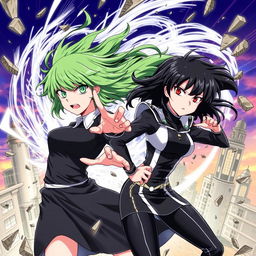 A dynamic illustration featuring Tatsumaki and Fubuki from the popular anime series 'One Punch Man'