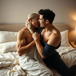 A passionate scene capturing a man in his early twenties, clean-shaven with stylish black hair, and a woman in her early twenties with striking white hair styled in a single braid