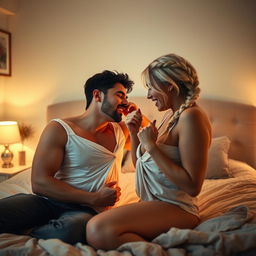 A passionate scene capturing a man in his early twenties, clean-shaven with stylish black hair, and a woman in her early twenties with striking white hair styled in a single braid