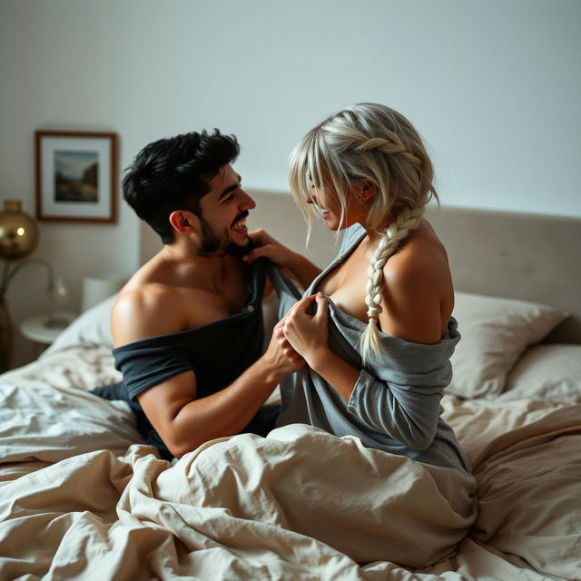 A passionate scene capturing a man in his early twenties, clean-shaven with stylish black hair, and a woman in her early twenties with striking white hair styled in a single braid