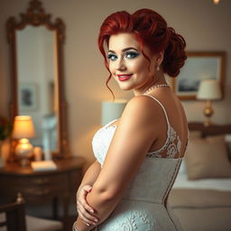 A full-length photograph of a curvy 19-year-old girl with striking red hair styled in an elegant updo