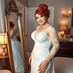 A full-length photograph of a curvy 19-year-old girl with striking red hair styled in an elegant updo