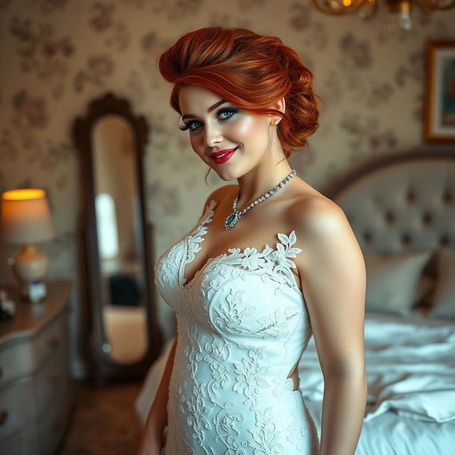 A full-length photograph of a curvy 19-year-old girl with striking red hair styled in an elegant updo