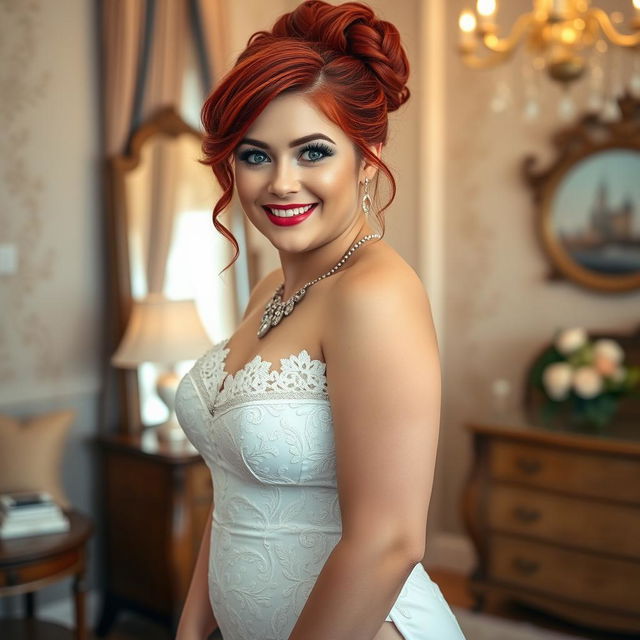 A full-length photograph of a curvy 19-year-old girl with vibrant red hair styled in an elegant updo