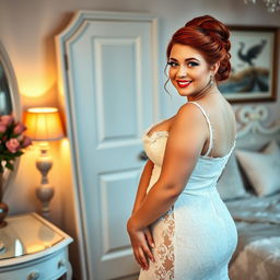 A full-length photograph of a curvy 19-year-old girl with vibrant red hair styled in an elegant updo
