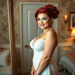 A full-length photograph of a curvy 19-year-old girl with vibrant red hair styled in an elegant updo