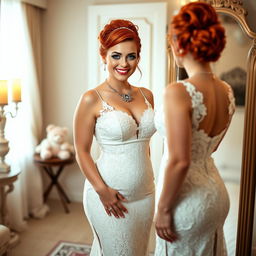 A full-length photograph of a curvy 19-year-old girl with vibrant red hair styled in an elegant updo