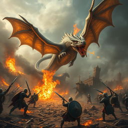 A dramatic scene depicting a war-torn battlefield with an imposing dragon flying overhead, breathing fire