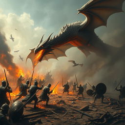 A dramatic scene depicting a war-torn battlefield with an imposing dragon flying overhead, breathing fire