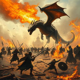 A dramatic scene depicting a war-torn battlefield with an imposing dragon flying overhead, breathing fire