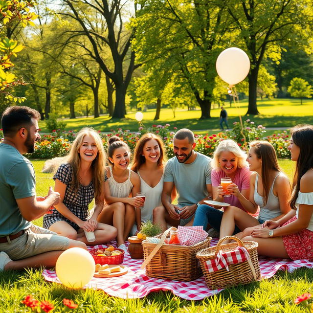 A vibrant and joyful gathering of friends in a picturesque outdoor setting