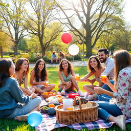 A vibrant and joyful gathering of friends in a picturesque outdoor setting