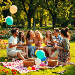 A vibrant and joyful gathering of friends in a picturesque outdoor setting