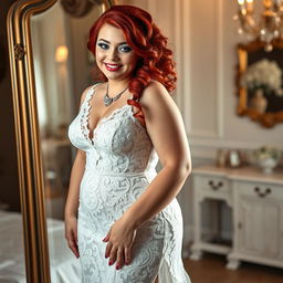 A full-length photograph of a curvy 19-year-old girl with vibrant red hair styled in an elegant way