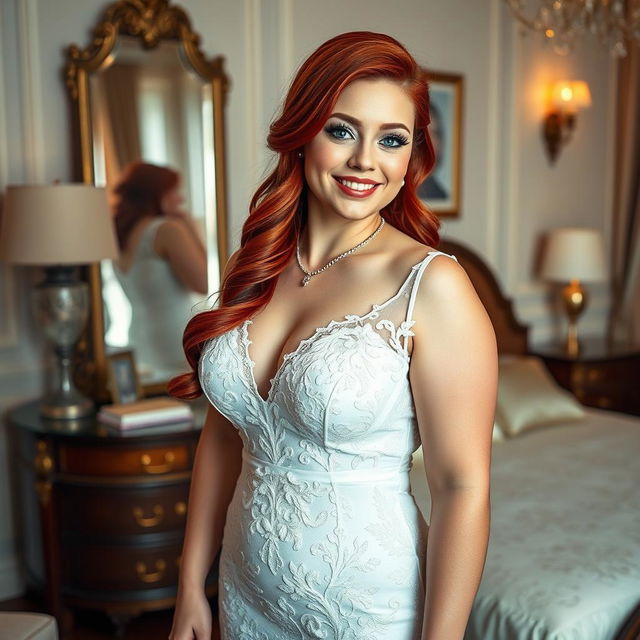 A full-length photograph of a curvy 19-year-old girl with vibrant red hair styled in an elegant way