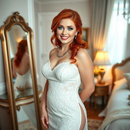 A full-length photograph of a curvy 19-year-old girl with vibrant red hair styled in an elegant way