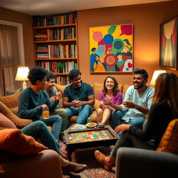 A warm, cozy living room filled with diverse friends laughing and enjoying each other's company