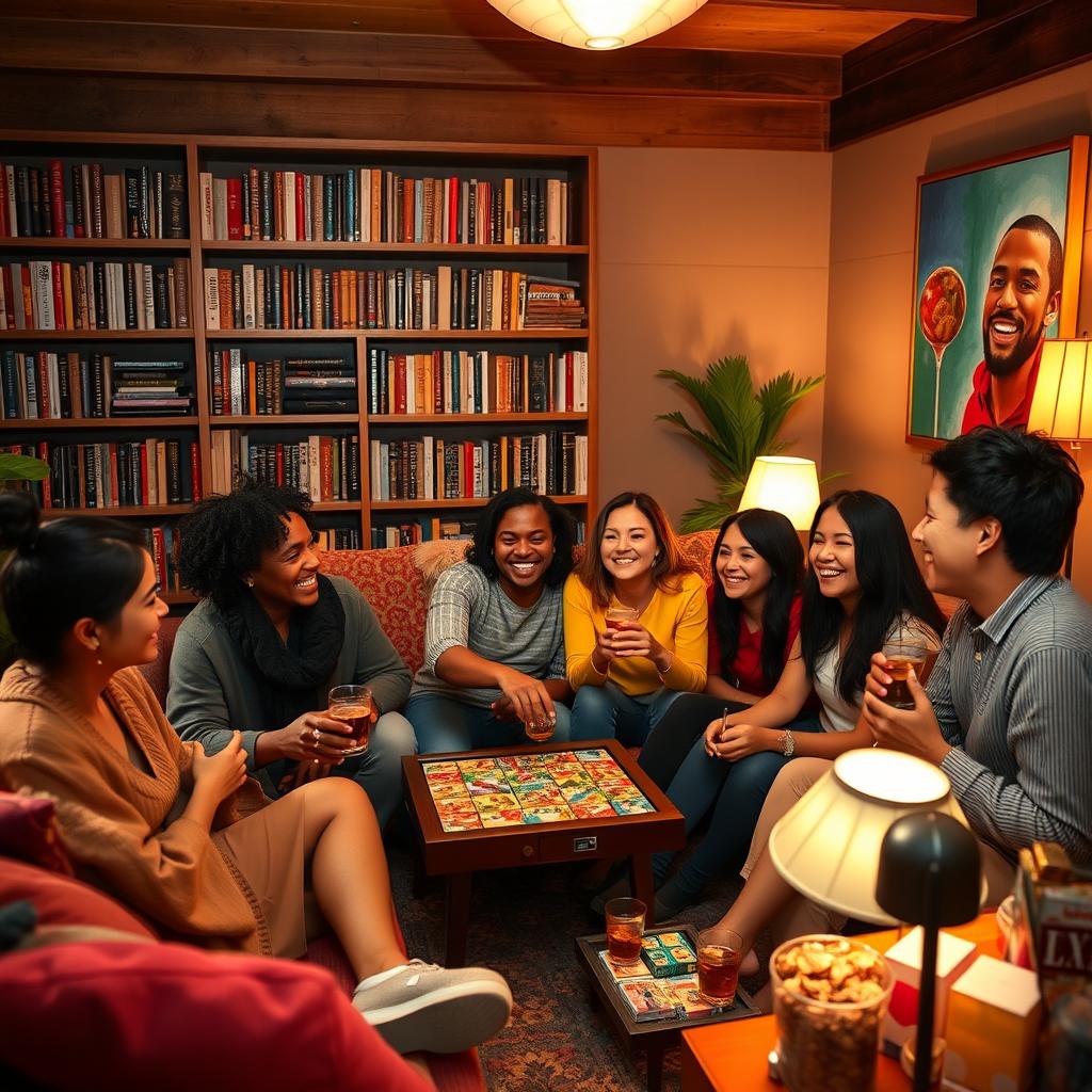 A warm, cozy living room filled with diverse friends laughing and enjoying each other's company