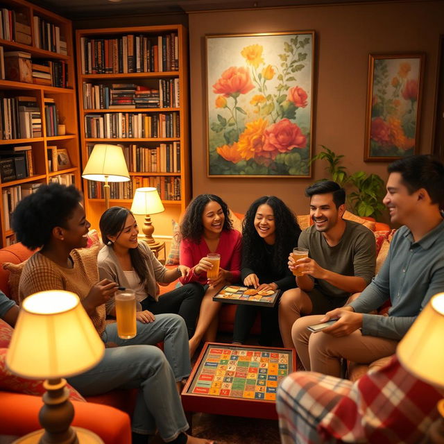 A warm, cozy living room filled with diverse friends laughing and enjoying each other's company