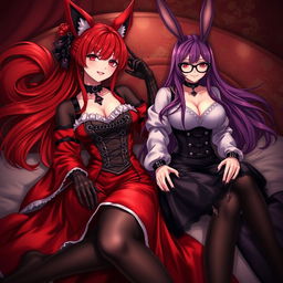 An intimate and enchanting scene featuring a sexy gothic anime girl depicted as a Kitsune, showcasing long, sultry red hair that flows down to her lower back, elegantly styled into a chic bun